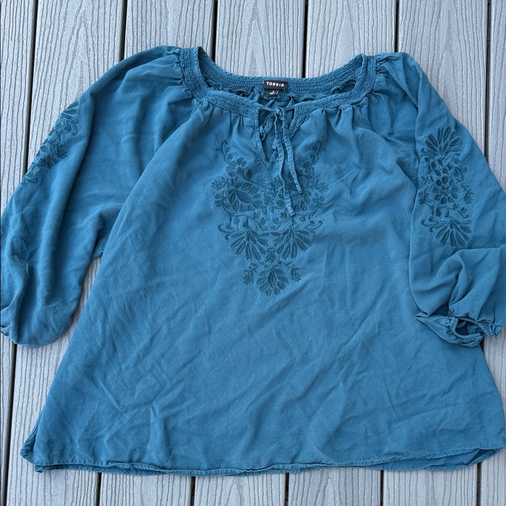 Torrid Teal Embroidered Tie-Neck Peasant Top
